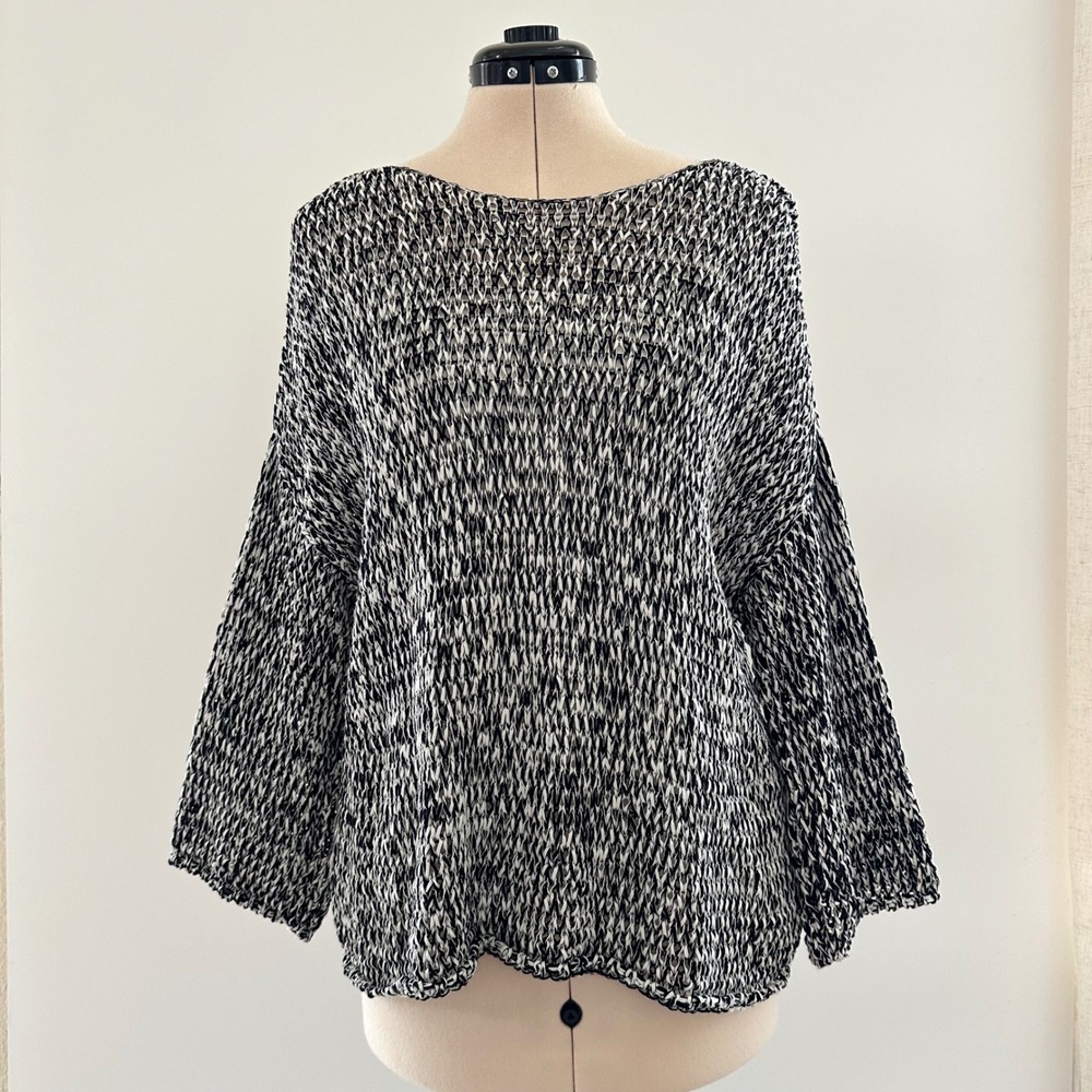 Eileen Fisher Black White Boxy Open Knit Sweater Large Organic Cotton Coastal